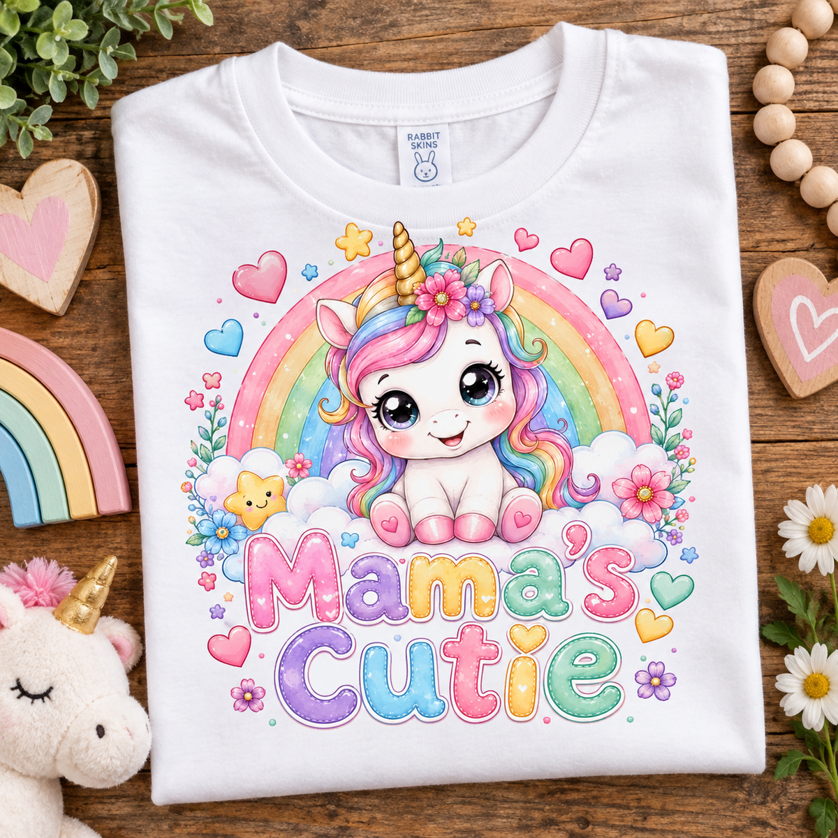 A white folded T-shirt with a colorful cartoon unicorn graphic and the text 'Mama's Cutie' on a wooden surface, surrounded by decorative props including flowers, a plush unicorn, heart-shaped items, and a rainbow.