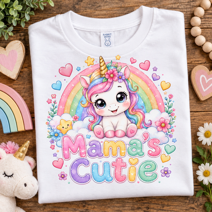 A white folded T-shirt with a colorful cartoon unicorn graphic and the text 'Mama's Cutie' on a wooden surface, surrounded by decorative props including flowers, a plush unicorn, heart-shaped items, and a rainbow.