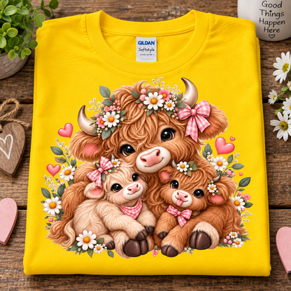 A folded daisy colored Gildan Sofstyle t-shirt with a colorful cartoon graphic of three fluffy brown Highland cows and calves surrounded by flowers and pink hearts, displayed on a rustic wooden surface with decorative props.