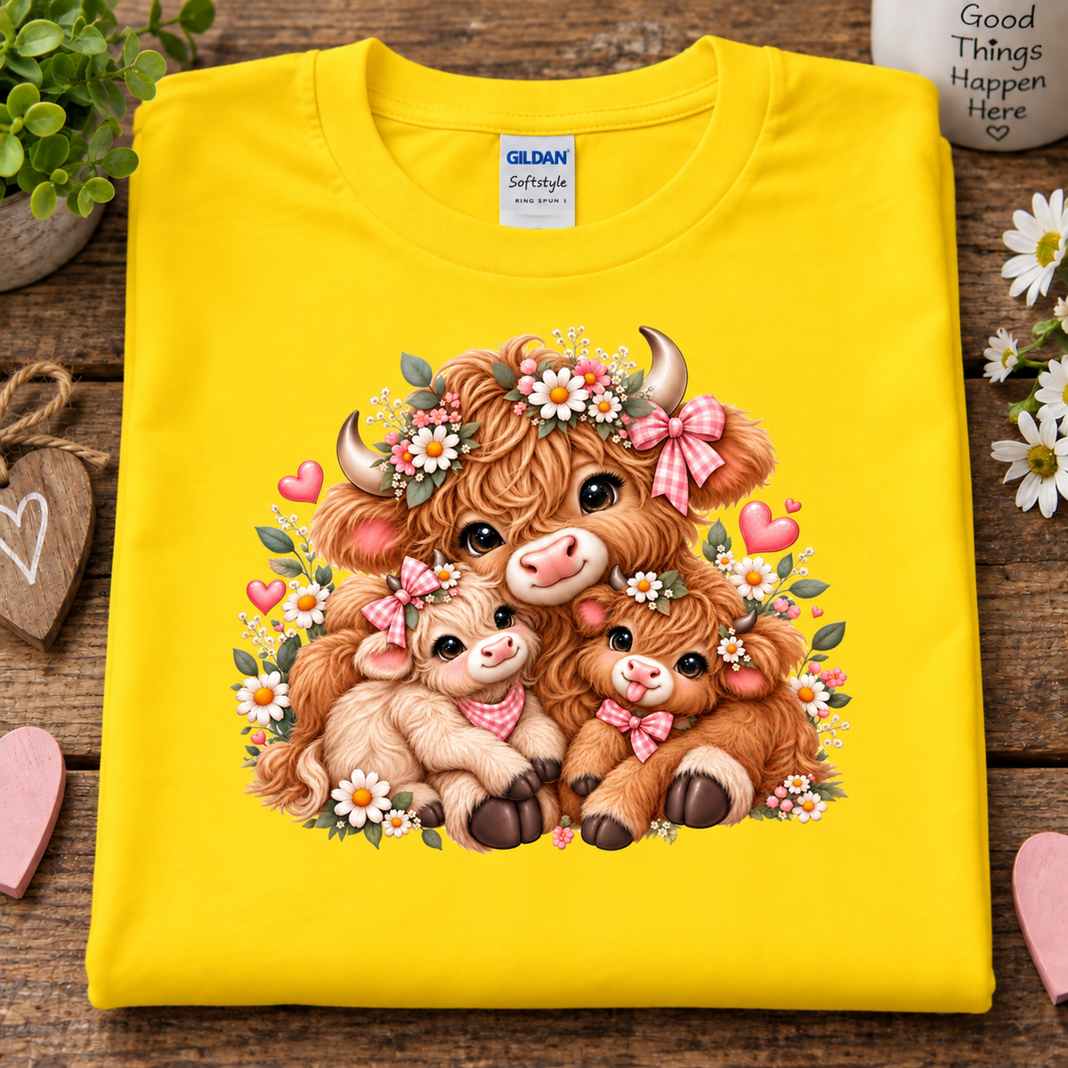A folded bright yellow Gildan Softstyle T-shirt with a large central illustration of three cute Highland cows surrounded by daisies, hearts, and bows, displayed on a rustic wooden surface with decorative props.