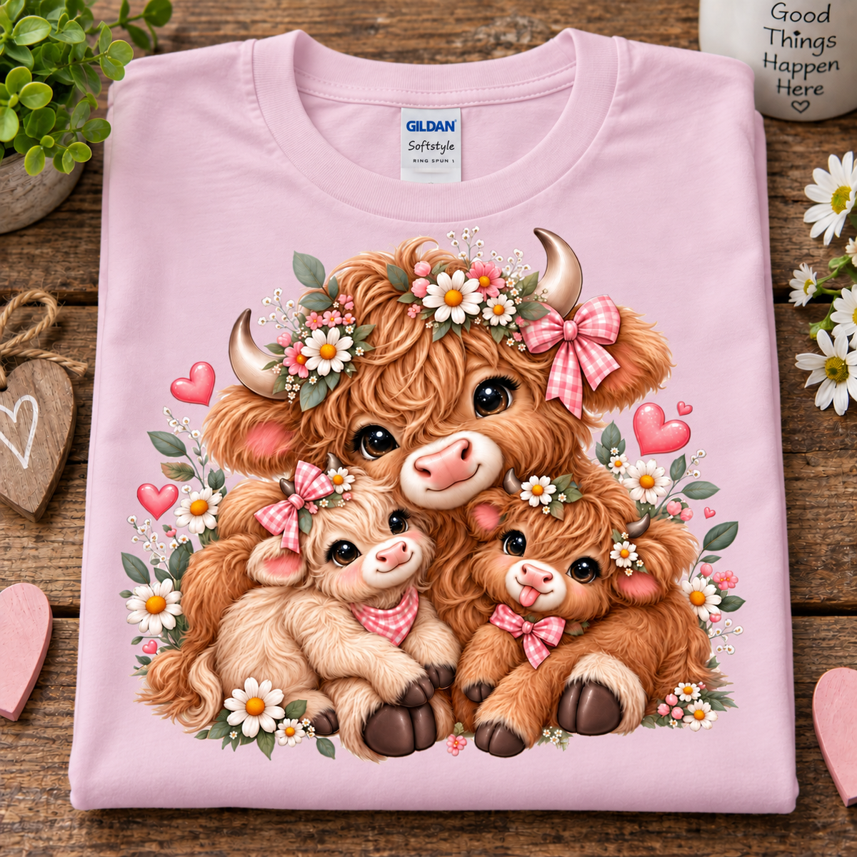 A folded light pink Gildan Softstyle t-shirt with a cute cartoon graphic of three fluffy Highland cows and calves surrounded by flowers and hearts, displayed on a rustic wooden surface with decorative props.