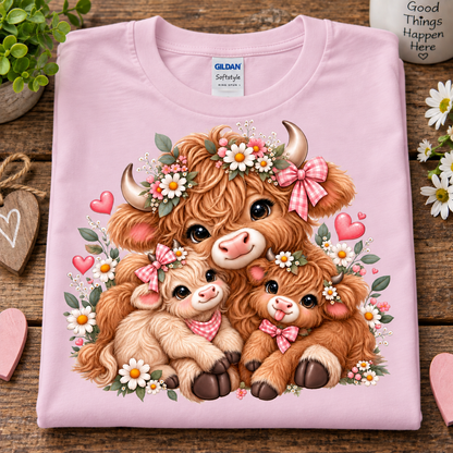 A folded light pink Gildan Softstyle t-shirt with a cute cartoon graphic of three fluffy Highland cows and calves surrounded by flowers and hearts, displayed on a rustic wooden surface with decorative props.