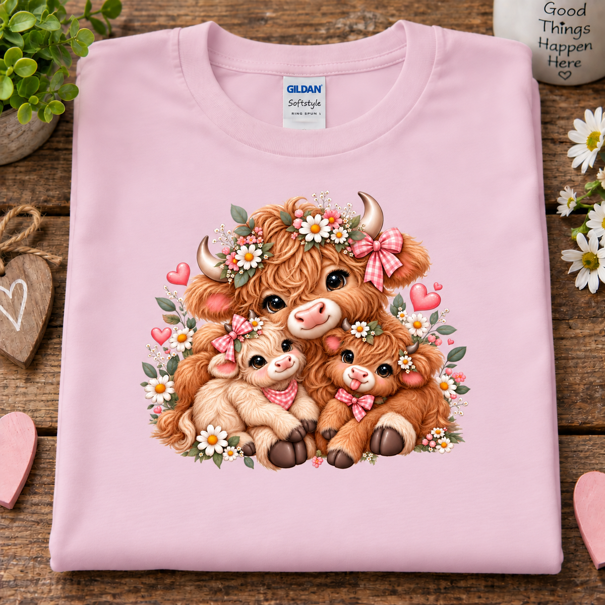 A folded light pink Gildan Softstyle T-shirt with a colorful graphic of three cute Highland cows and calves surrounded by flowers and hearts, displayed on a rustic wooden surface with decorative props.