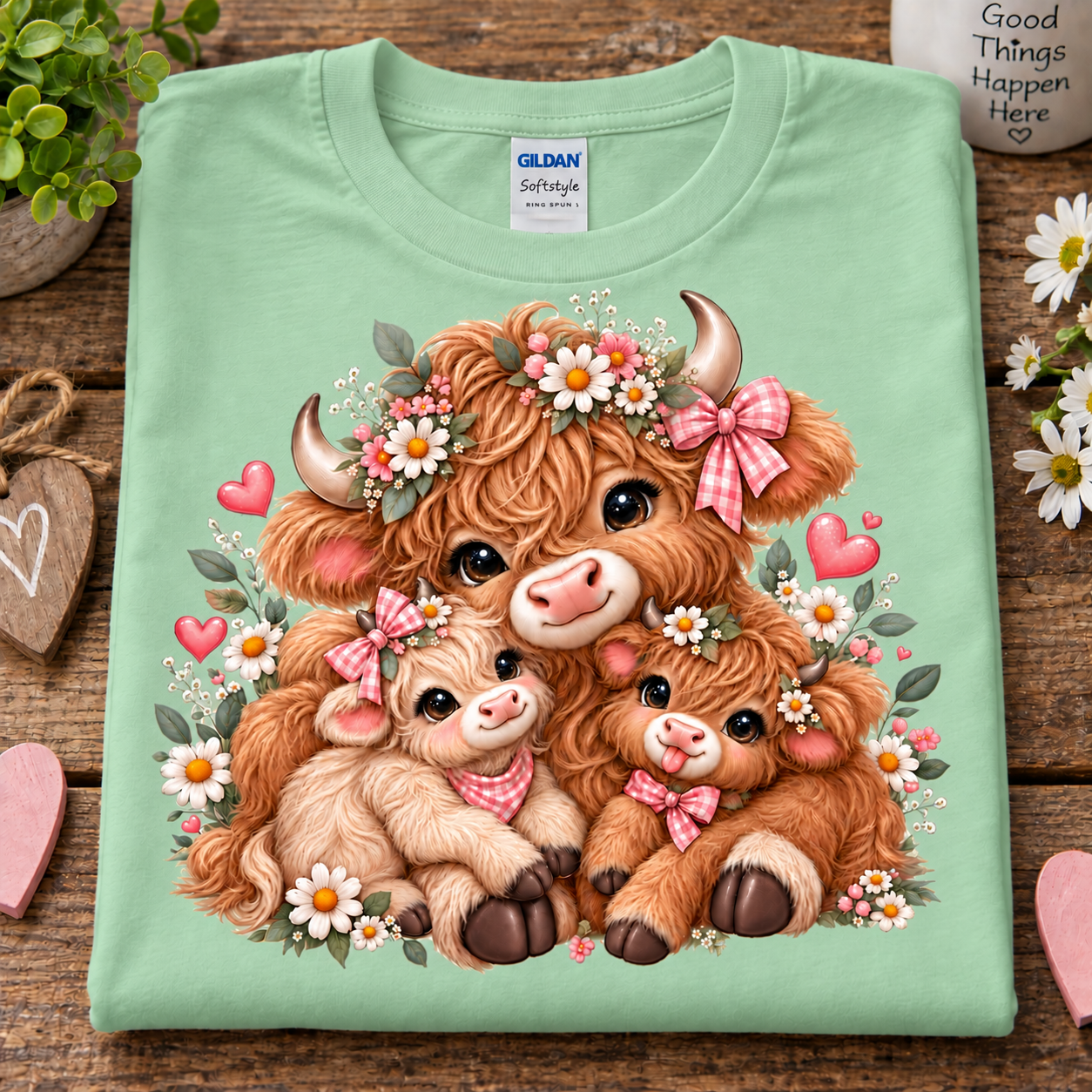 A folded mint green Gildan Softstyle t-shirt with a cute cartoon illustration of three fluffy Highland cows and calves wearing floral crowns and pink bows, displayed on a rustic wooden surface with decorative props.
