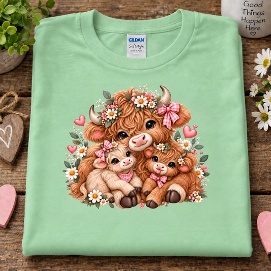A folded light green Gildan Sofstyle t-shirt with a colorful cartoon graphic of three cute Scottish Highland cows and calves surrounded by daisies and pink bows, displayed on a rustic wooden background with decorative props.