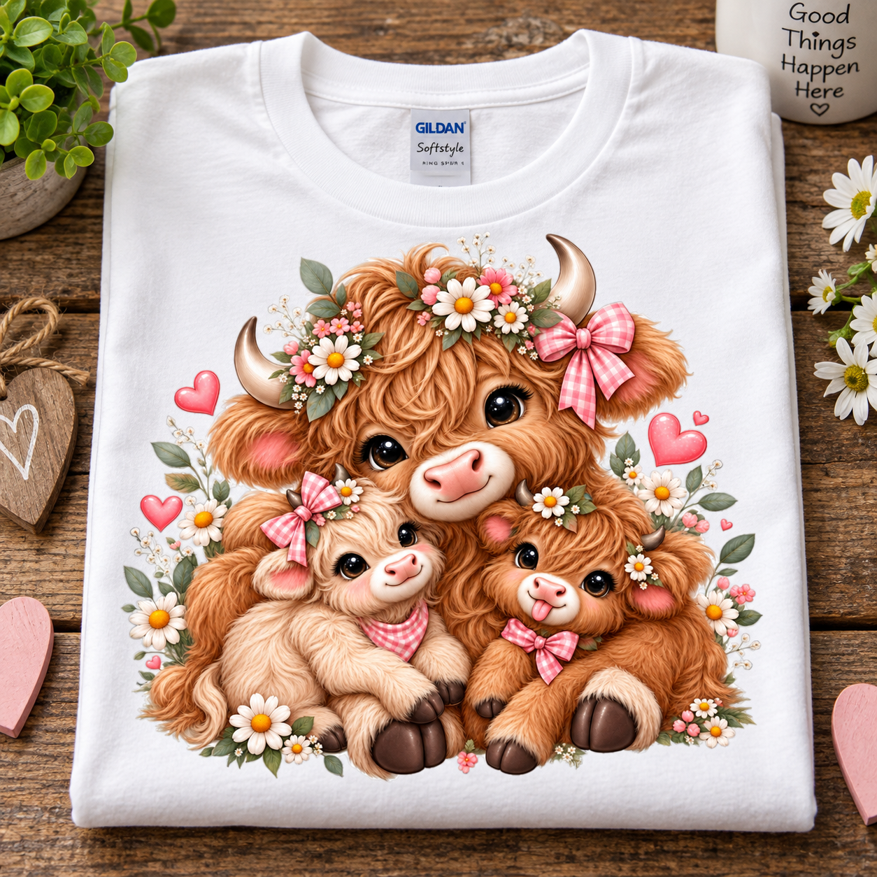 A folded white Gildan Sofstyle t-shirt with a colorful cartoon graphic of three fluffy Highland cows and calves wearing floral crowns and pink bows, displayed on a wooden surface with decorative props.