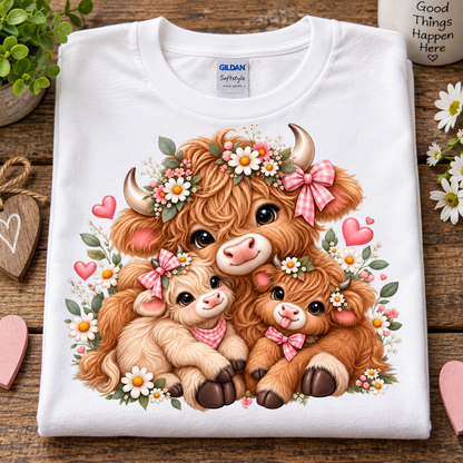 A folded white Gildan Sofstyle t-shirt with a colorful cartoon graphic of three fluffy Highland cows and calves wearing floral crowns and pink bows, displayed on a wooden surface with decorative props.