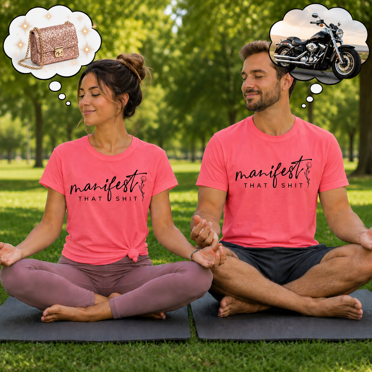 A man and a woman sitting cross-legged on yoga mats outdoors on a grassy park lawn, wearing matching pink graphic t-shirts that read 'manifest that shit'. 