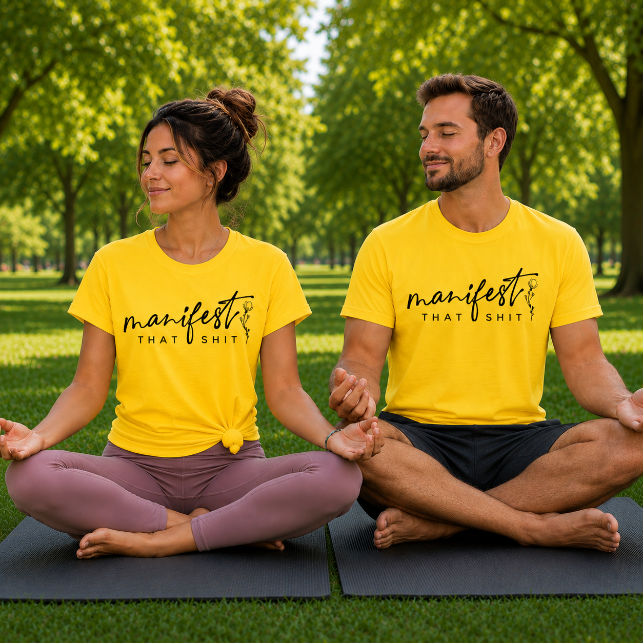 A man and a woman sitting cross-legged on yoga mats in a park, wearing matching bright yellow graphic t-shirts with the text 'manifest THAT SHIT' in black script.