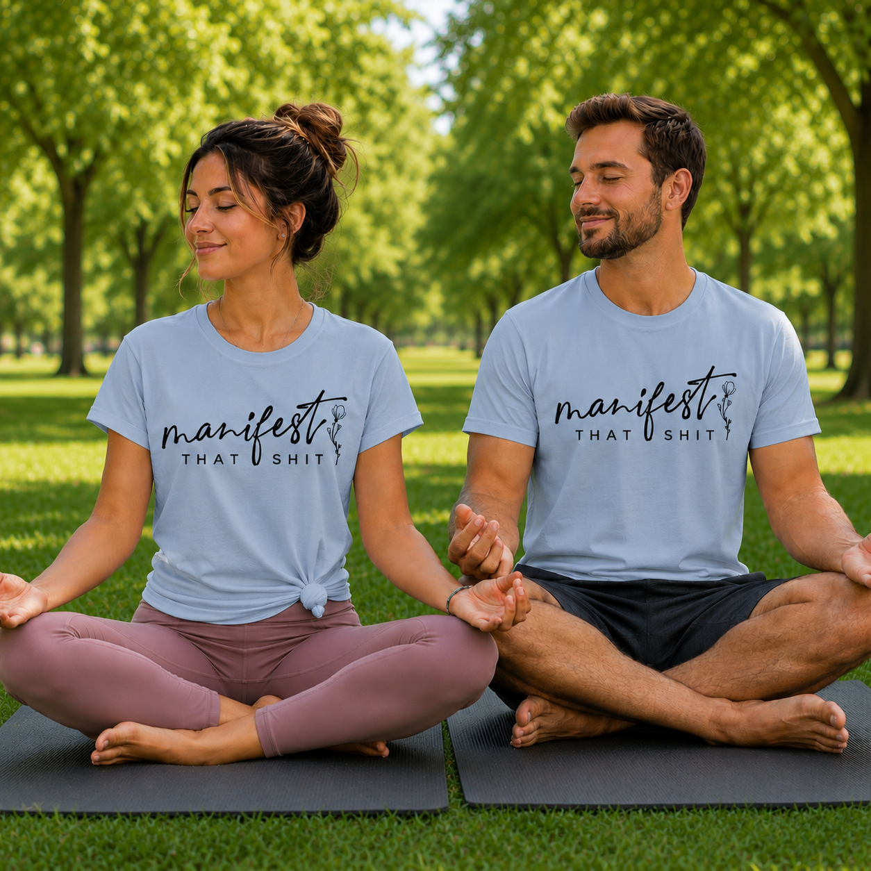 A man and a woman sitting cross-legged on yoga mats in a park, wearing matching light blue graphic t-shirts with the text 'manifest THAT SHIT' in black script.