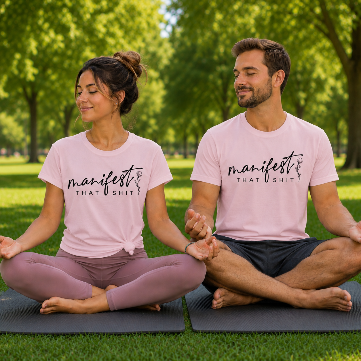 A man and a woman sitting cross-legged on yoga mats in a sunny park, wearing matching light pink graphic t-shirts with the text 'manifest THAT SHIT!' printed in black script and block lettering.
