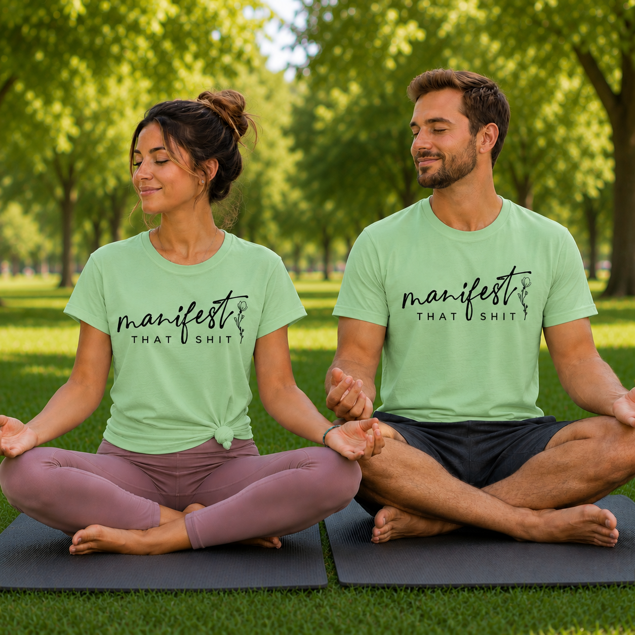 A man and a woman sitting cross-legged on yoga mats in a park, wearing matching light green t-shirts with the text 'manifest THAT SHIT!' printed in black script across the chest.