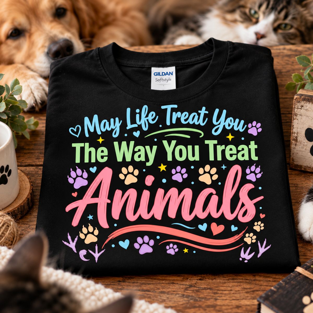 A black Gildan Softstyle T-shirt is folded on a wooden table and features a colorful graphic that reads 'May Life Treat You The Way You Treat Animals' with paw prints and hearts. Real pets and home decor are visible around the shirt, making this a lifestyle shot.