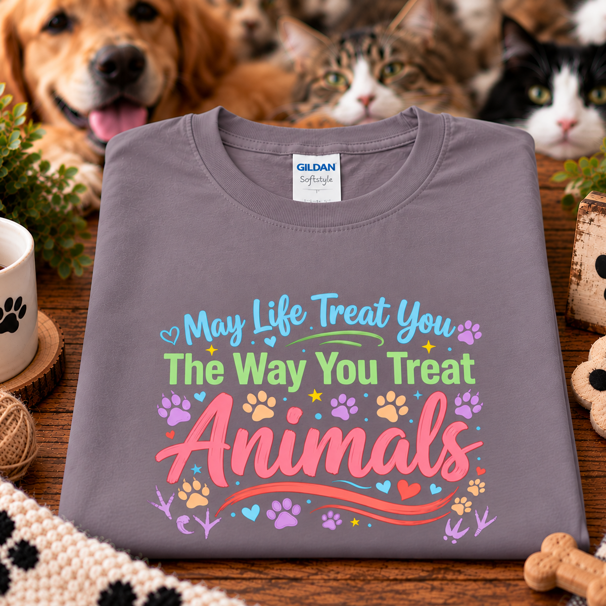 A folded Gildan Softstyle t-shirt in paragon is displayed on a wooden surface with a cute pet-themed graphic that reads 'May Life Treat You The Way You Treat Animals' in colorful text. The background is a cozy, warm setting featuring real dogs and cats, adding a lifestyle element to the product presentation.