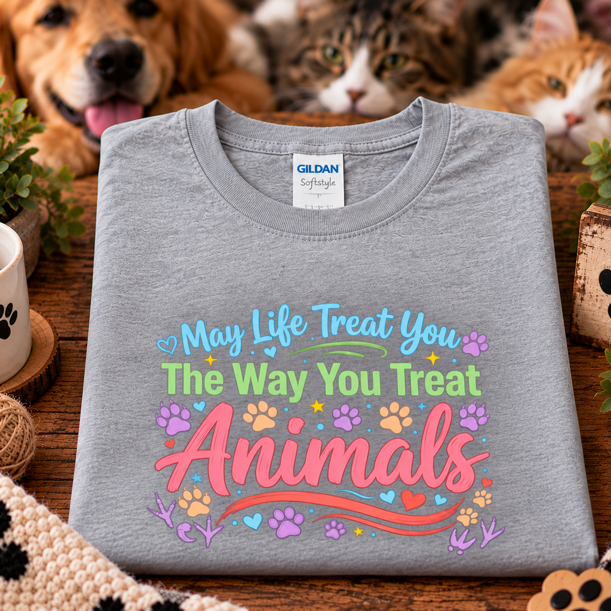 A folded sport gray Gildan Softstyle T-shirt with a colorful graphic reading 'May Life Treat You The Way You Treat Animals' in pastel blue, green, pink, and purple lettering with paw prints, shown on a wooden surface with dogs and cats blurred in the background.