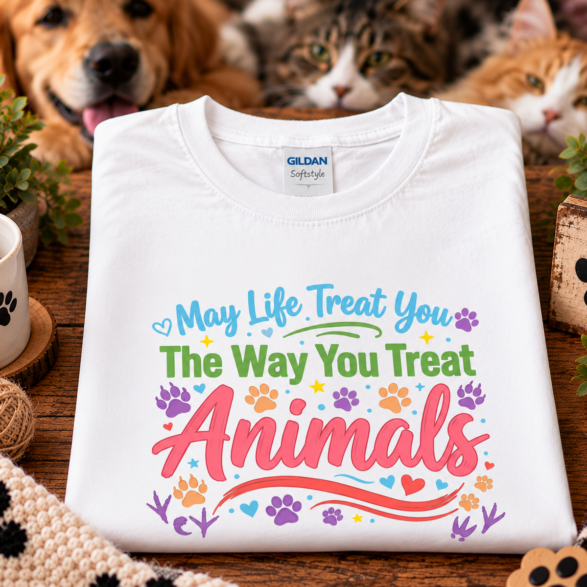 A folded white Gildan t-shirt with a colorful 'May Life Treat You The Way You Treat Animals' graphic, displayed on a rustic wooden table with dogs and cats in the background.