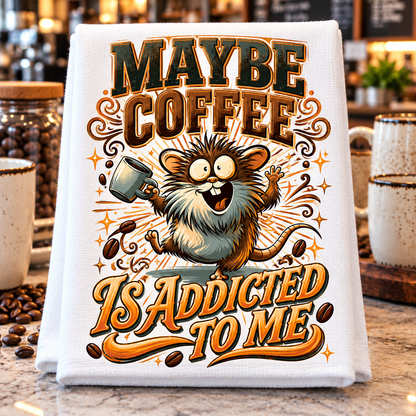 A white kitchen towel with a humorous cartoon graphic of a coffee-loving mouse and the text 'MAYBE COFFEE IS ADDICTED TO ME', 