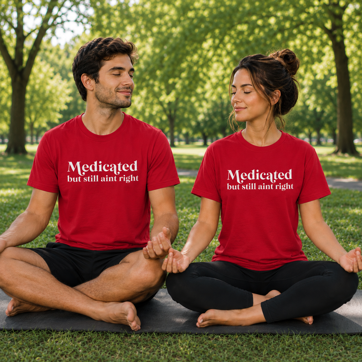 Two people sitting on yoga mats in a park wearing red colored matching t-shirts with text Medicated but still ain't right.