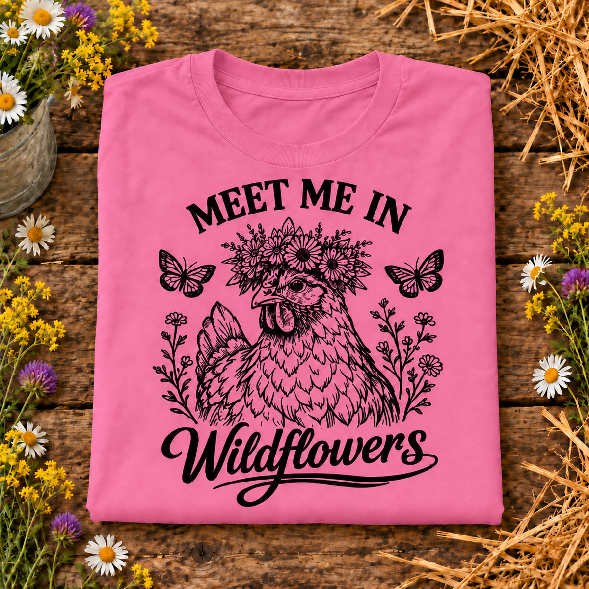 A folded azalea pink t-shirt with a black graphic of a chicken surrounded by wildflowers and butterflies, with the text 'MEET ME IN Wildflowers', displayed on a rustic wooden background with flowers and straw props.
