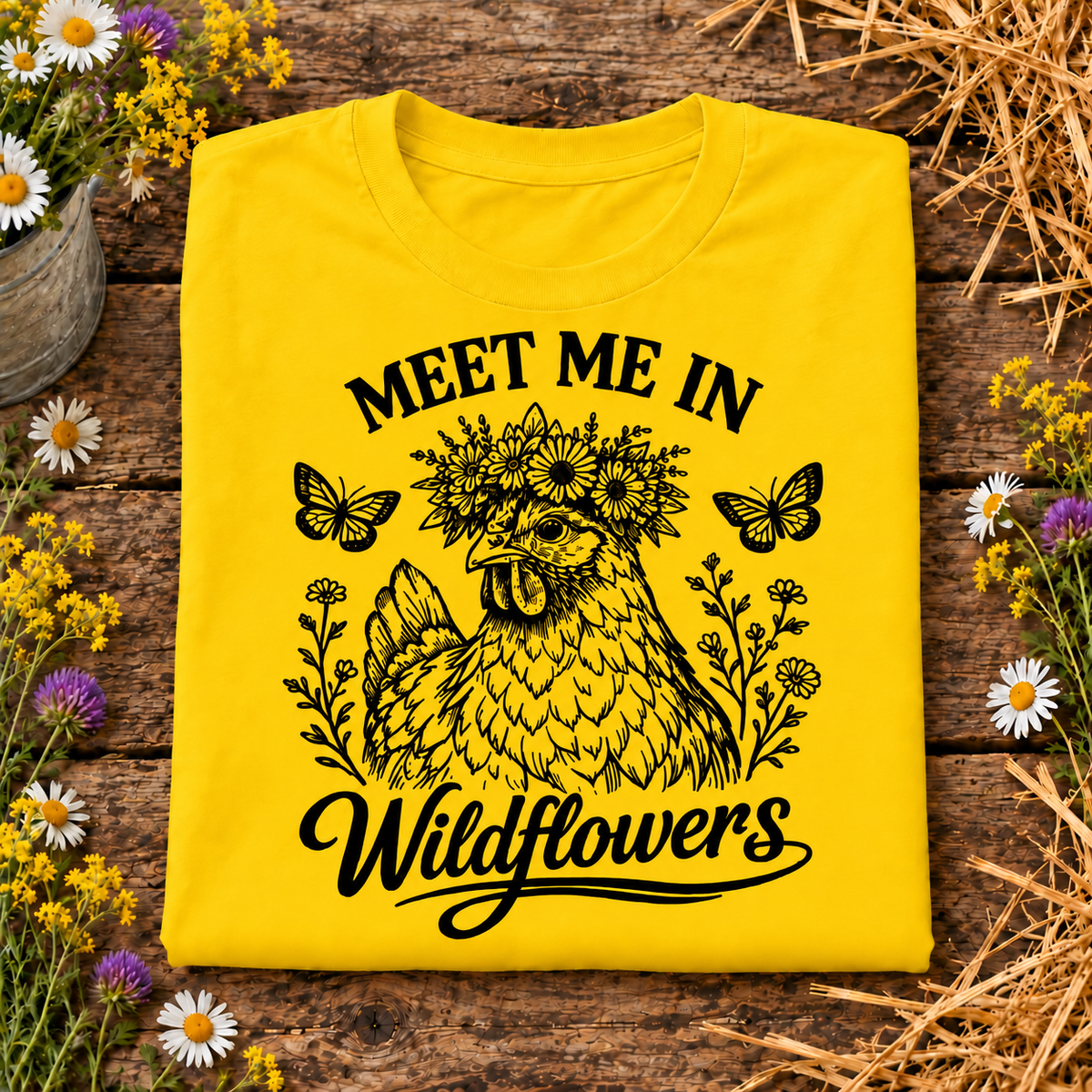 A folded daisy yellow T-shirt with a black graphic print reading 'MEET ME IN Wildflowers' around a chicken illustration with flowers and butterflies, displayed on a rustic wooden surface with flowers and straw props around it.