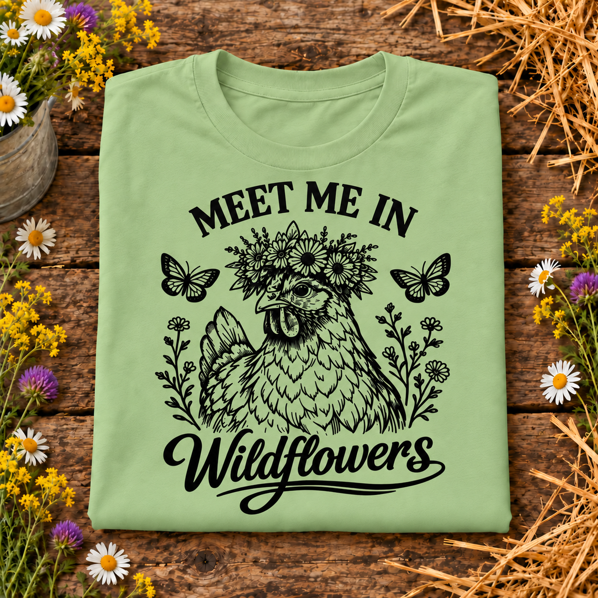 A folded pistachio green t-shirt with a black graphic of a chicken surrounded by wildflowers and butterflies, with the text 'MEET ME IN Wildflowers', displayed on a rustic wooden background with flowers and straw props.