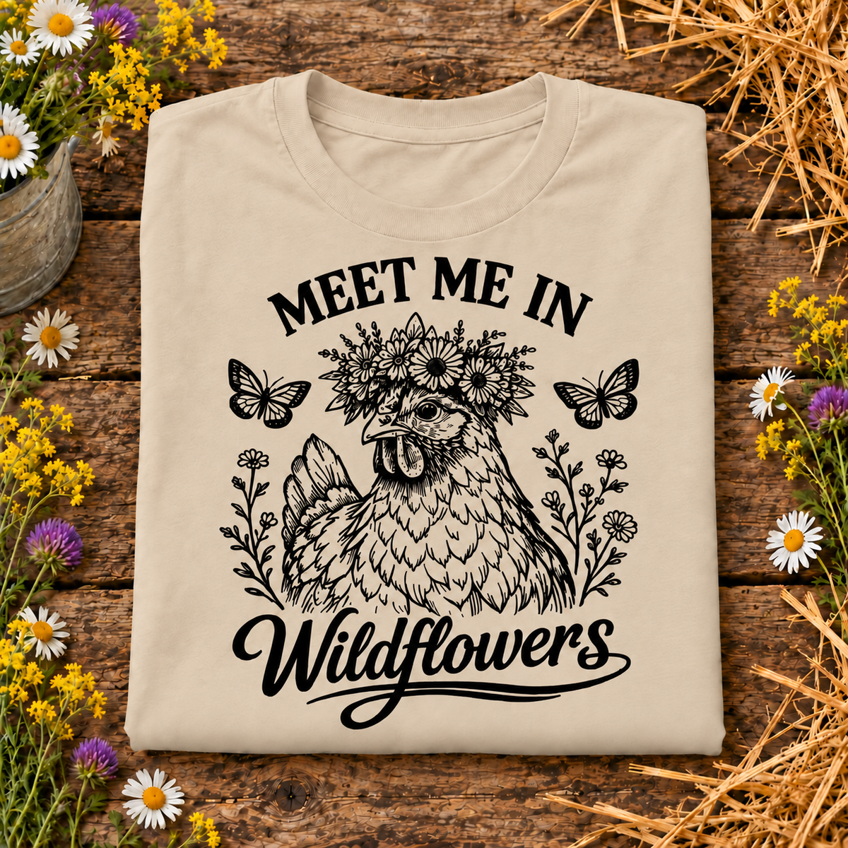A sand crewneck t-shirt with a black graphic of a chicken wearing a flower crown, surrounded by butterflies and wildflowers, with the text 'MEET ME IN Wildflowers'. The shirt is displayed in a flat-lay arrangement on a rustic wooden background decorated with flowers and straw.