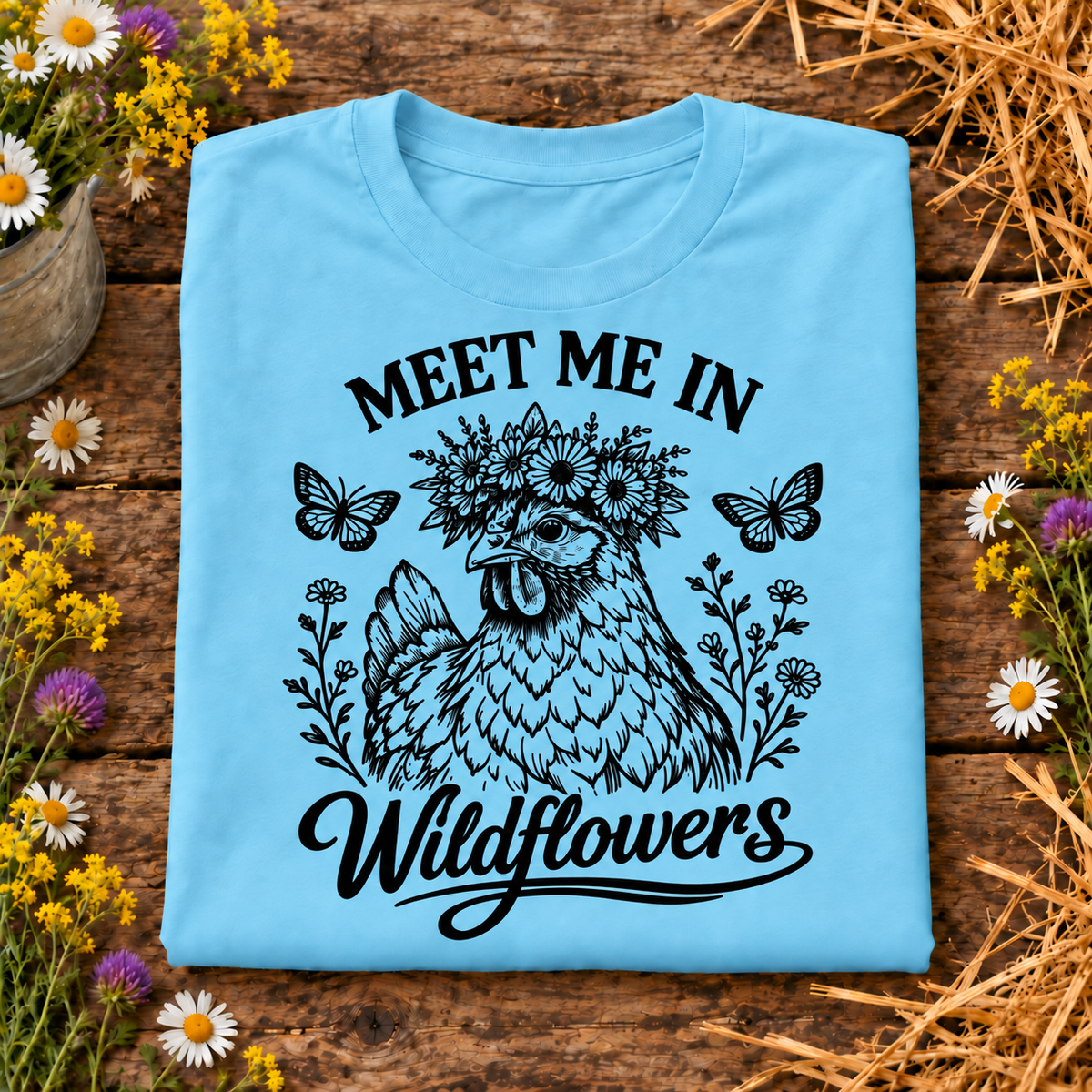 A folded light blue t-shirt with a black graphic of a rooster under a flower crown and the text 'MEET ME IN Wildflowers', displayed on a rustic wooden background with wildflowers.