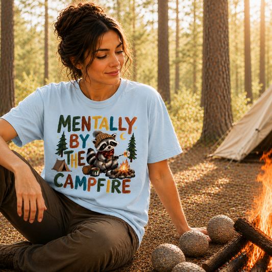 Woman sitting by a campfire wearing a t-shirt with a graphic design in a forest setting.