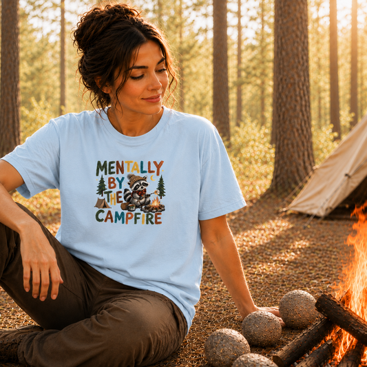 A woman sits by a campfire in a forest wearing a light blue graphic T-shirt that reads 'MENTALLY BY THE CAMPFIRE' with a campfire and trees illustration, paired with brown pants.