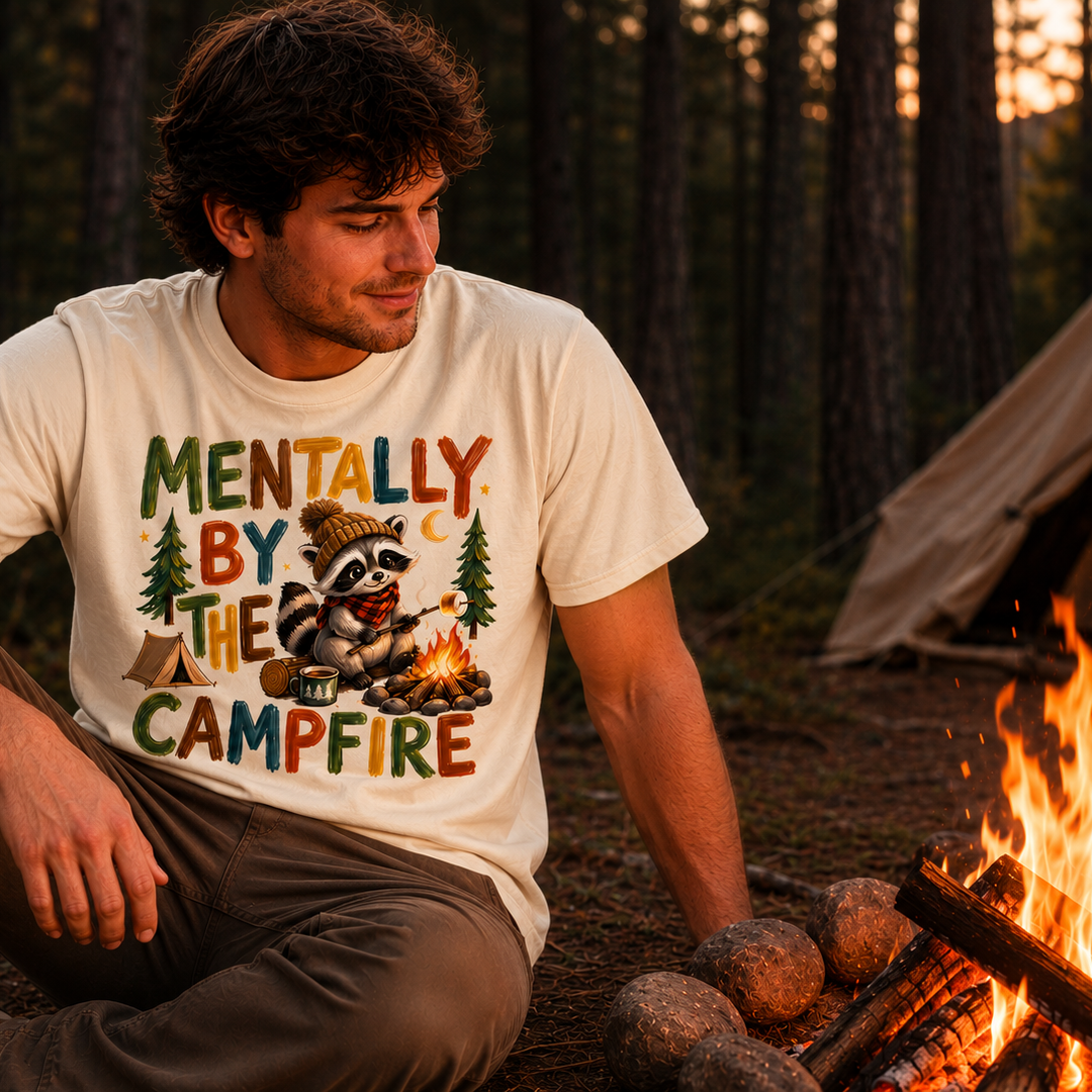 Man sitting by a campfire wearing a t-shirt with a raccoon graphic and text in a forest setting.