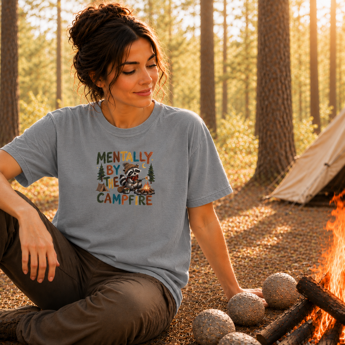 A woman sits by a campfire in a forest wearing a light blue-gray graphic t-shirt that reads 'MENDELL BY THE CAMPFIRE' with a raccoon illustration. She is wearing brown pants, with a tent and logs visible in the background.