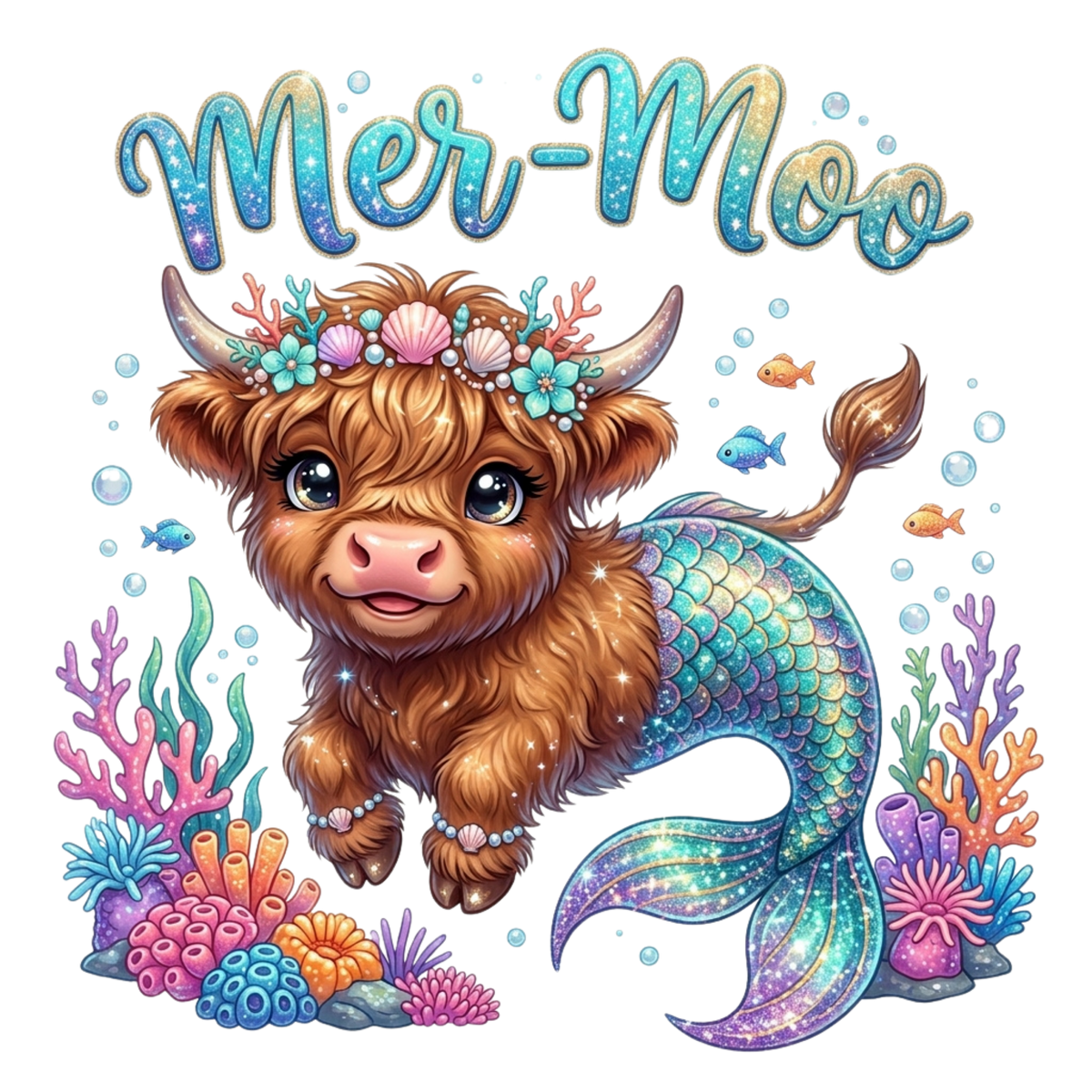 A cute mermaid highland cow with a fluffy brown body, a blue-green scaled tail, and a shell-and-flower crown, surrounded by colorful coral, bubbles, and fish, with the text 'Mer-Moo' above on a white background.