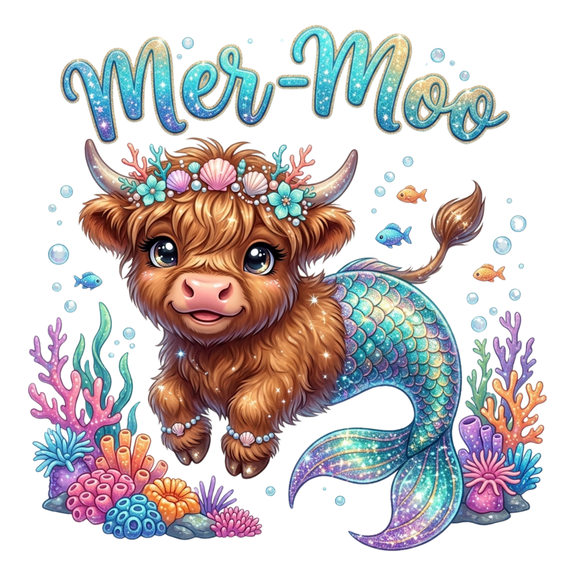 A cute mermaid highland cow with a fluffy brown body, a blue-green scaled tail, and a shell-and-flower crown, surrounded by colorful coral, bubbles, and fish, with the text 'Mer-Moo' above on a white background.