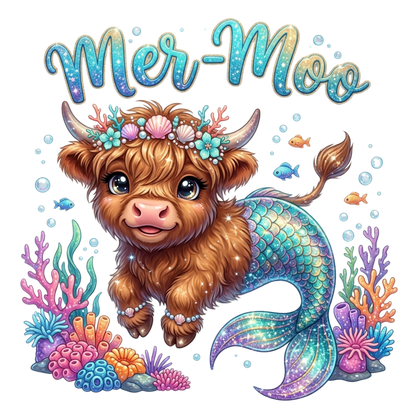 A cute mermaid highland cow with a fluffy brown body, a blue-green scaled tail, and a shell-and-flower crown, surrounded by colorful coral, bubbles, and fish, with the text 'Mer-Moo' above on a white background.