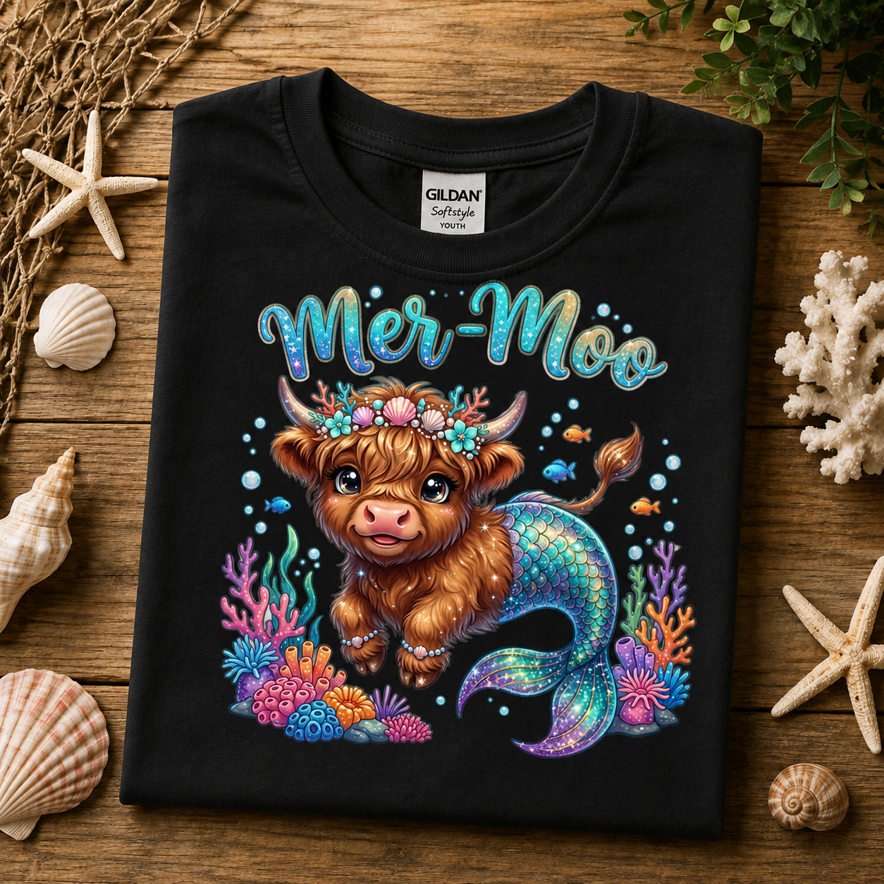 A folded black Gildan Softstyle T-shirt with a colorful mermaid-themed graphic reading 'Mer-Moo,' displayed on a wooden surface surrounded by seashells, coral, and dried grass.