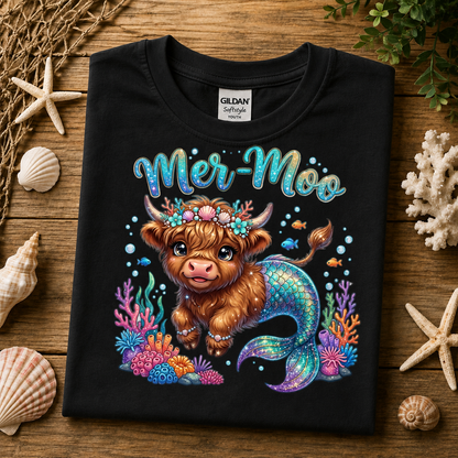 A folded black Gildan Softstyle T-shirt with a colorful mermaid-themed graphic reading 'Mer-Moo,' displayed on a wooden surface surrounded by seashells, coral, and dried grass.