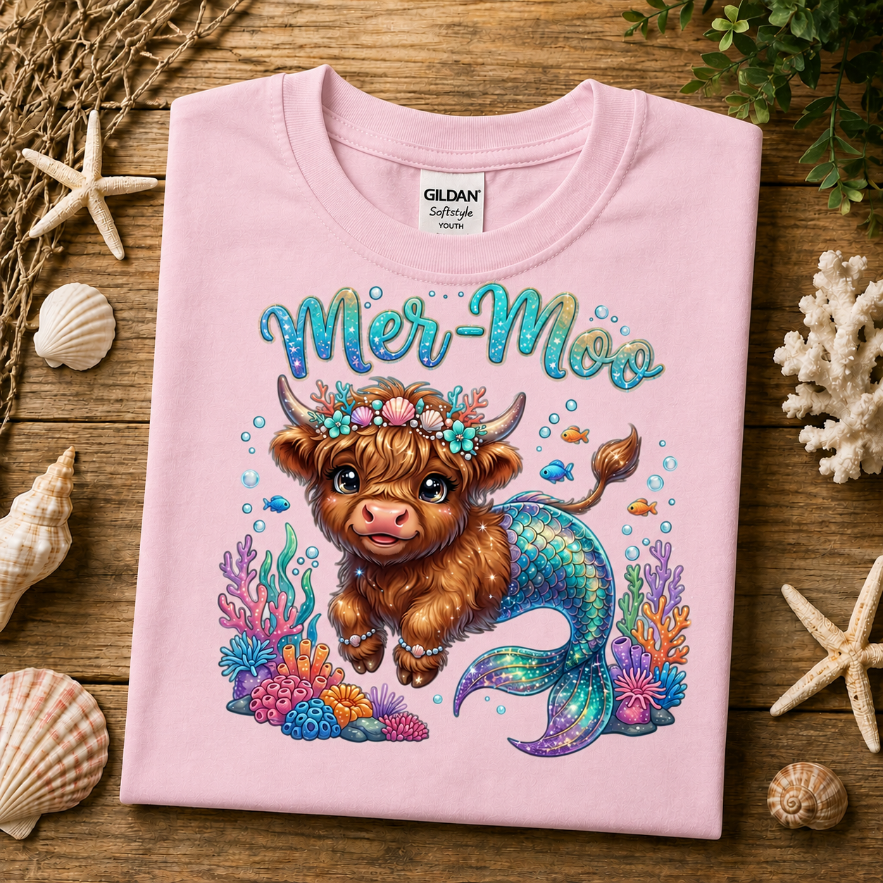 A folded light pink Gildan Softstyle T-shirt is displayed on a wooden surface surrounded by seashells, coral, and dried grass. The shirt features a colorful graphic of a fluffy brown Highland cow with horns and a mermaid tail, with the text 'Mer-Moo' above it.