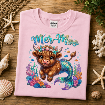 A folded light pink Gildan Softstyle T-shirt is displayed on a wooden surface surrounded by seashells, coral, and dried grass. The shirt features a colorful graphic of a fluffy brown Highland cow with horns and a mermaid tail, with the text 'Mer-Moo' above it.