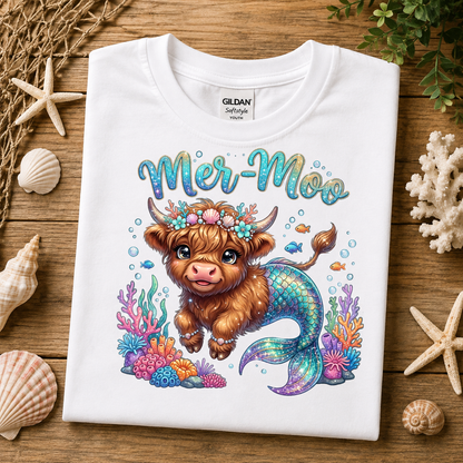 A folded white Gildan Softstyle T-shirt with a colorful 'Mer-Moo' mermaid cow graphic, displayed on a wooden surface surrounded by seashells, starfish, coral, and greenery.