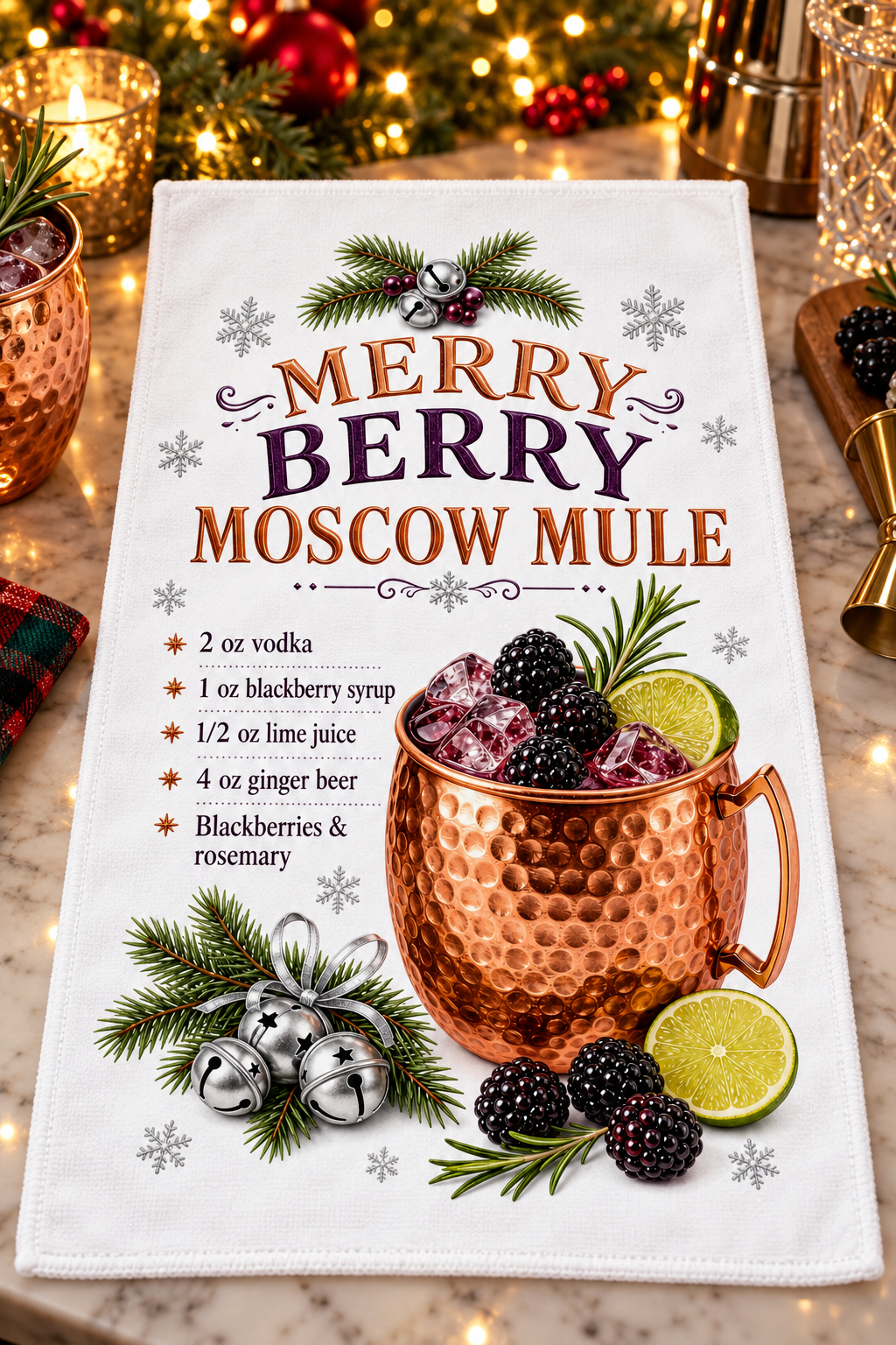 A white kitchen tea towel featuring a festive 'Merry Berry Moscow Mule' recipe and a graphic of a copper mug with berries, displayed on a marble surface with holiday lights and copper mugs in the background.