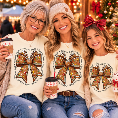 Three women posing together in matching holiday-themed cream-colored t-shirts featuring a large gingerbread cookie bow design with 'You are my joy and blessing' text, set against a festive Christmas tree background.