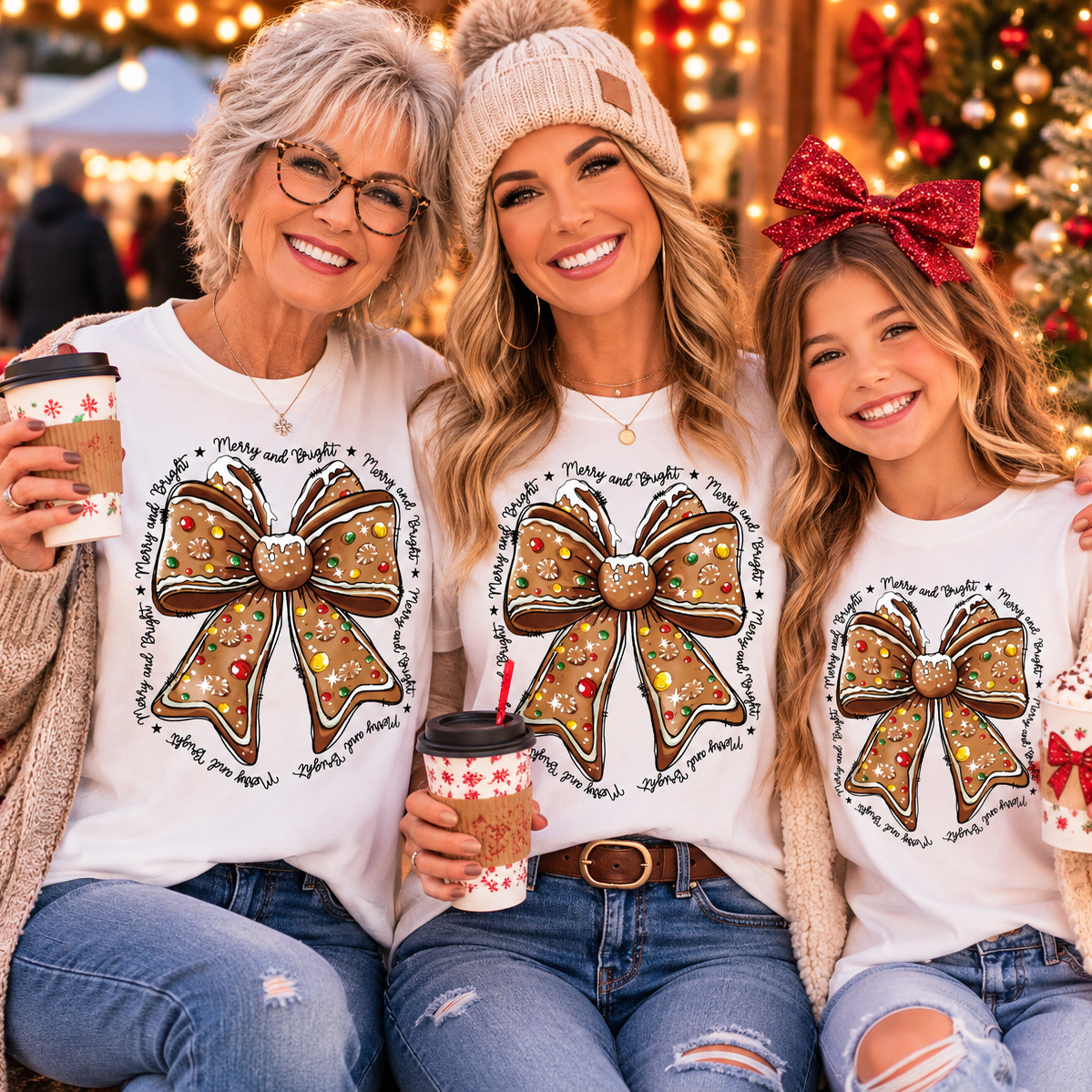 Three women posing together in matching white Christmas t-shirts featuring a large gingerbread cookie bow graphic, set against a festive holiday background with a decorated Christmas tree.