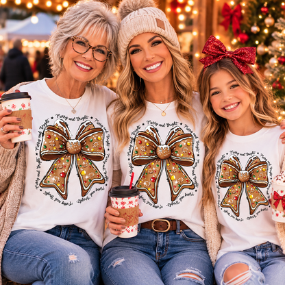 Three women posing together in matching white Christmas t-shirts featuring a large gingerbread cookie bow graphic, set against a festive holiday background with a decorated Christmas tree.