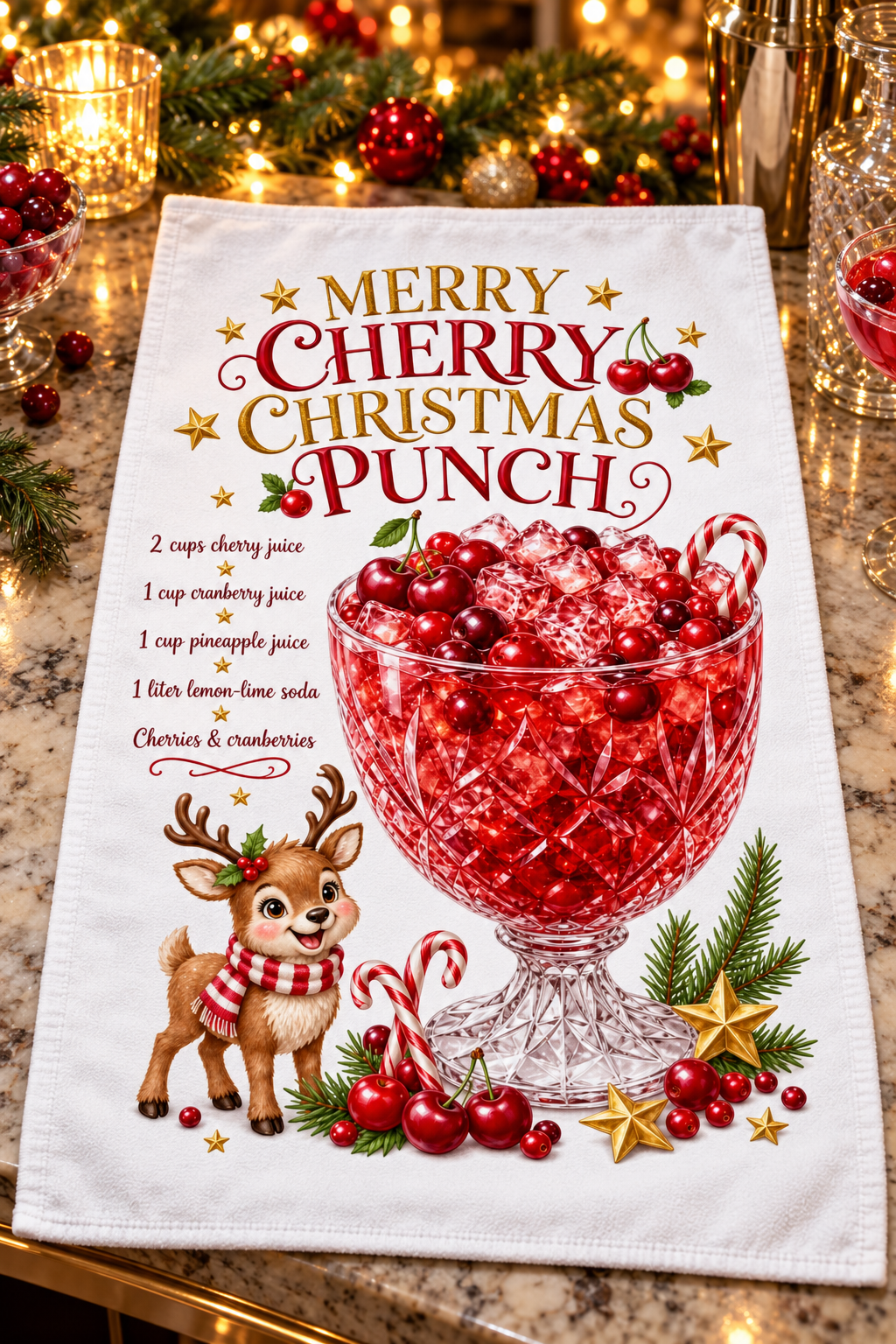 A white kitchen towel featuring a festive Christmas Punch recipe and illustration, displayed on a granite countertop with a blurred holiday background of lights, ornaments, and pine branches.