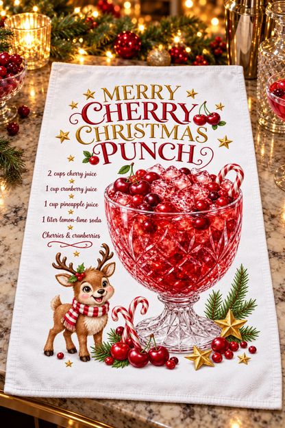 A white kitchen towel featuring a festive Christmas Punch recipe and illustration, displayed on a granite countertop with a blurred holiday background of lights, ornaments, and pine branches.
