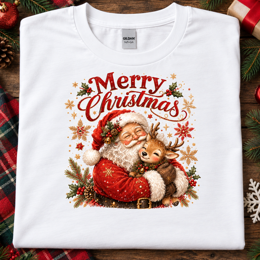 A folded white Gildan t-shirt with a colorful Christmas graphic of Santa Claus hugging a reindeer under the text 'Merry Christmas'. The shirt is styled on a rustic wooden background with holiday decorations like pine branches, a plaid scarf, and wrapped gifts.