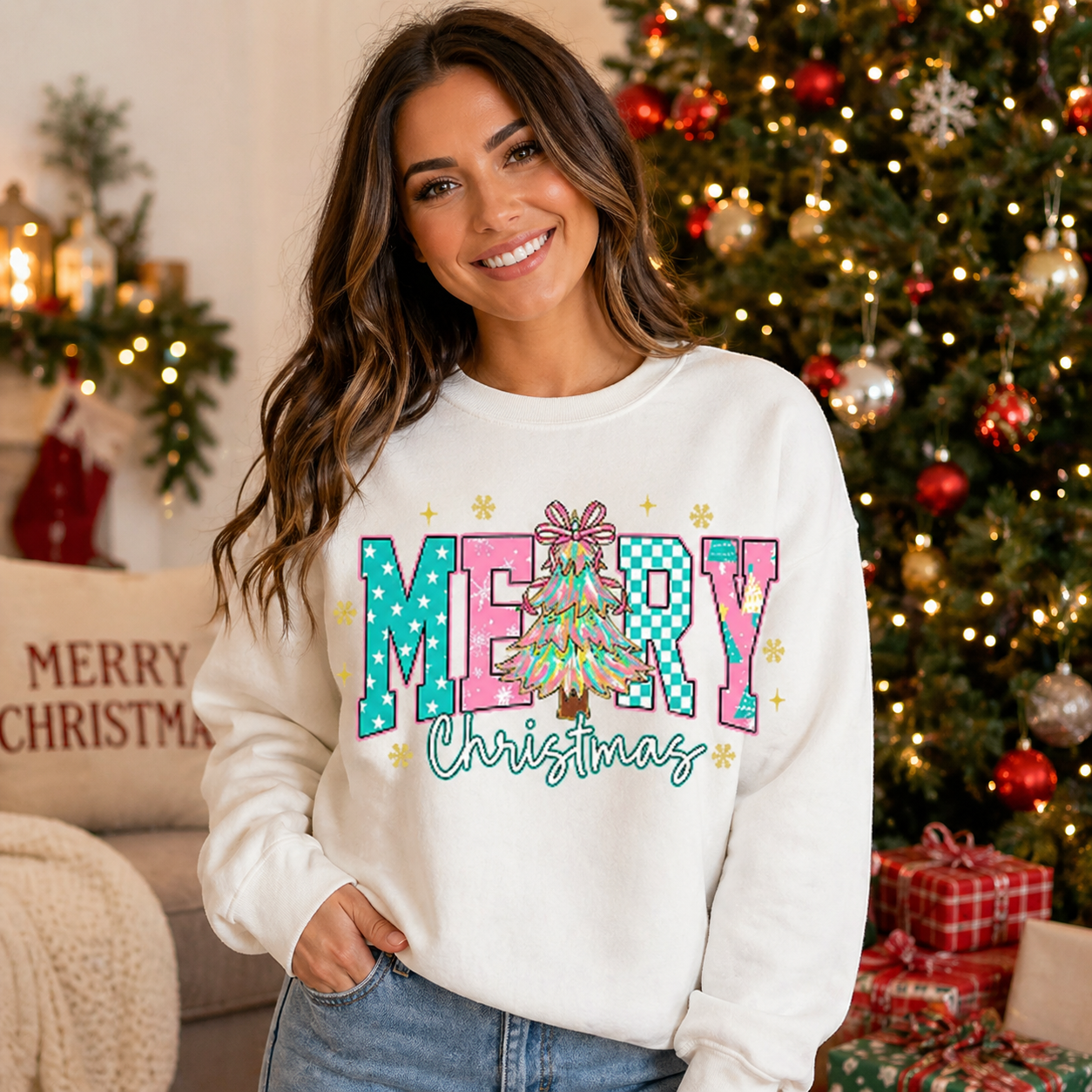 Woman wearing a 'Merry Christmas' sweater in front of a decorated Christmas tree.