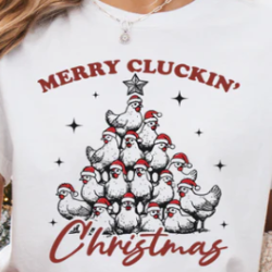 Cozy Christmas sweatshirt featuring a flock of chickens stacked in a tree shape with festive holiday details.