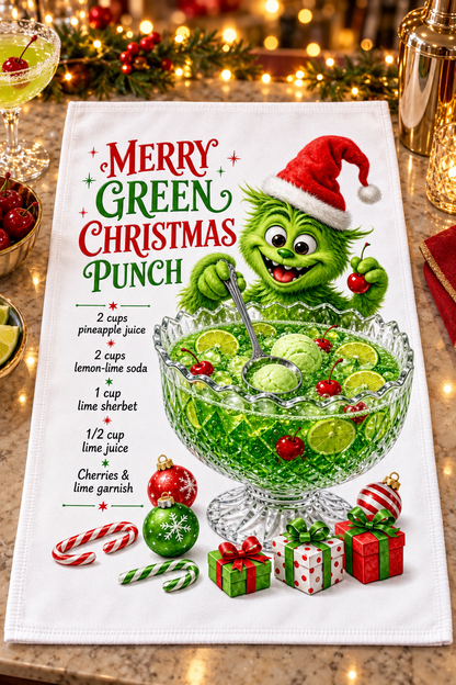 A white kitchen towel featuring a festive Grinch-themed Christmas Punch recipe and graphic design displayed on a countertop with holiday lights and drinks in the background.