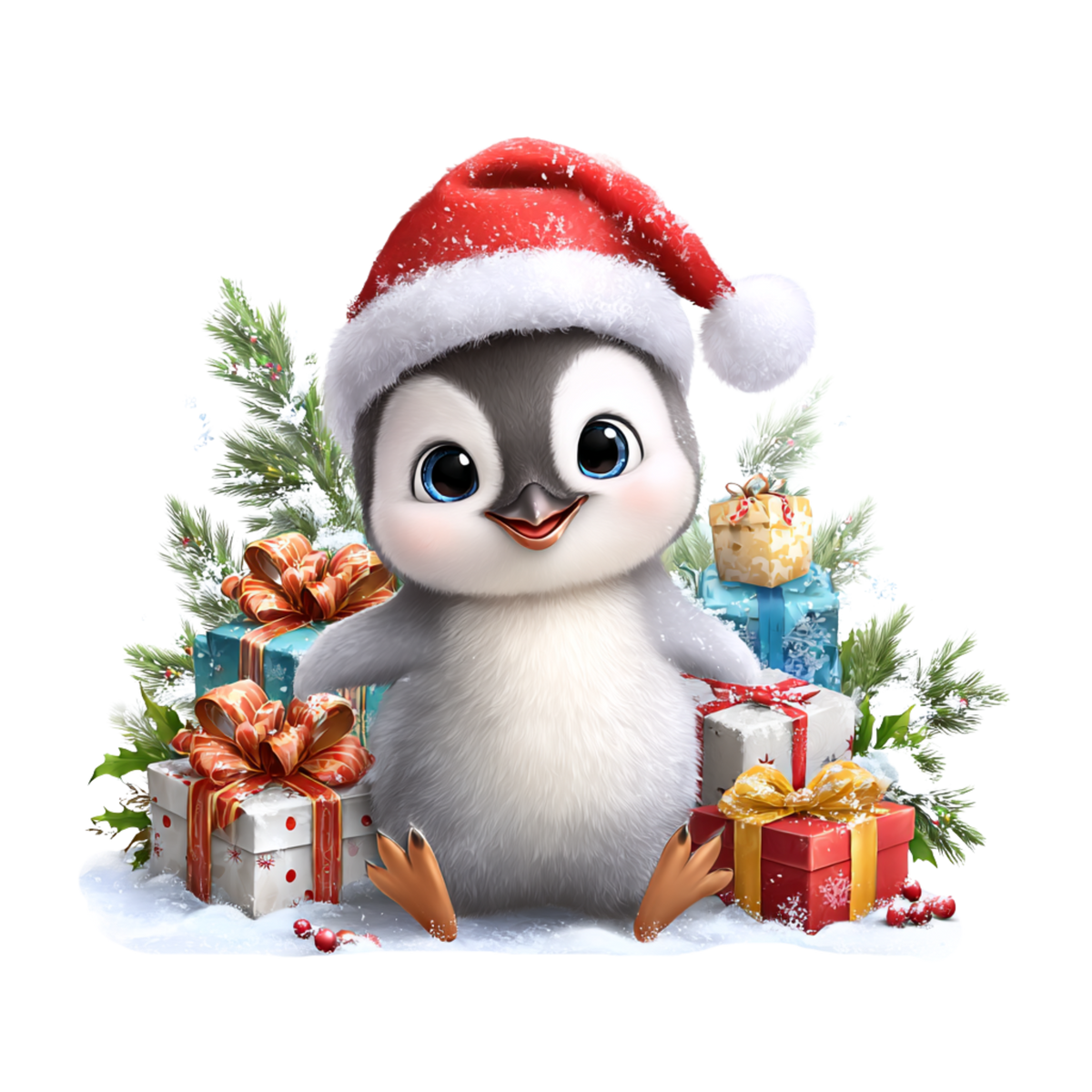 A cute cartoon penguin wearing a red Santa hat, surrounded by wrapped Christmas gift boxes and evergreen branches on a white background.